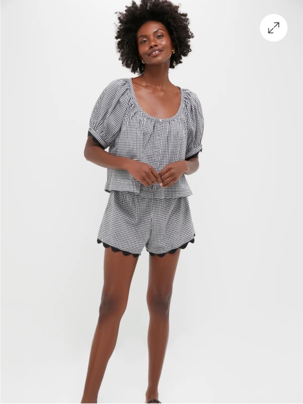 Gingham Puff Sleeve Top & Scallop Hem Shorts Set - Black & White